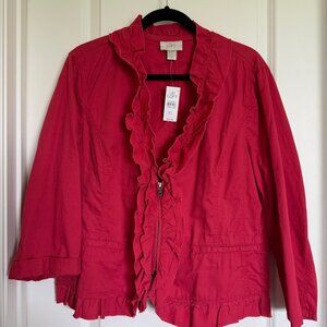 LOFT Pink Raspberry Zippered Ruffled Jacket with 3/4 Sleeves Size XL